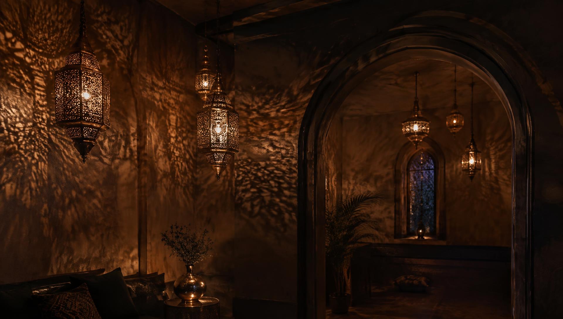 Hand-pierced Moroccan brass lanterns glowing in a riad, casting geometric star shadows across plaster walls